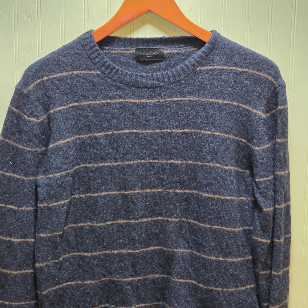 Magaschoni Sweater Mens Medium Blue Stripe Wool Nylon Crewneck Knit Pullover